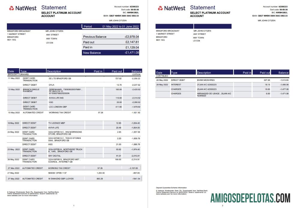 Modelo de extrato bancário Natwest do Reino Unido para download em formato Word e PDF 2 páginas, versão 2